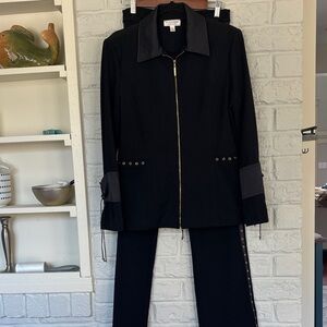 St John Black Leather Embellished Size Small/6 Two Piece Suit